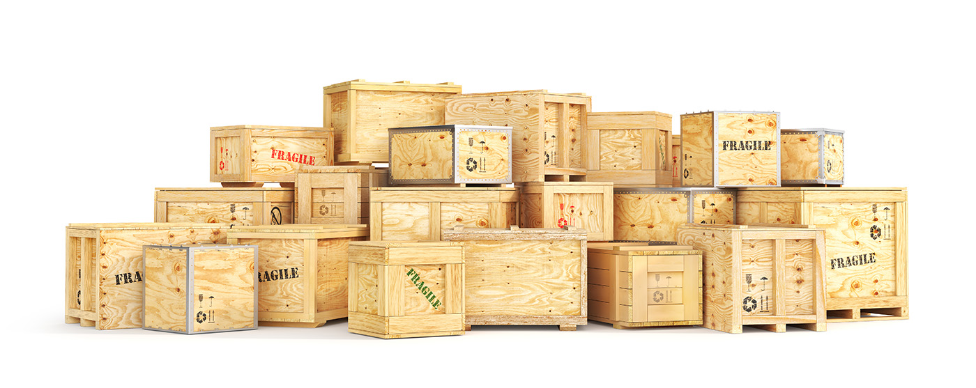 assorted wood shipping crates on a white background. 3d illustration